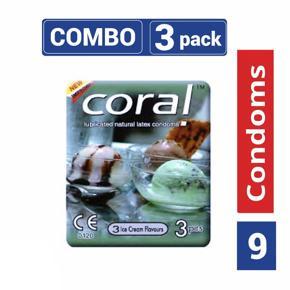 Coral - 3 Ice Cream Flavors Lubricated Natural Latex Condom - Combo Pack - 3 Packs - 3x3=9pcs