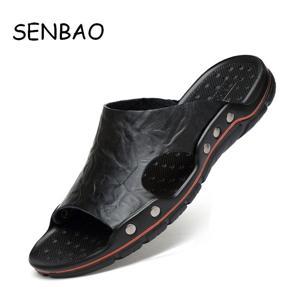 SENBAO Men Slippers Summer Flat Summer Man Shoes Breathable Beach Slippers Split Leather Flip Flops Mens Slippers Size 38-48