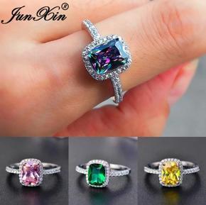 Silver Color Square Blue Pink Yellow Zircon Wedding Engagement Ring