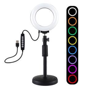 PULUZ USB 10 Modes 8 Colors RGBW Dimmable LED Ring Vlogging Photography Video Lights + Round Base Desktop Mount with Cold Shoe Tripod Ball Head(Black)