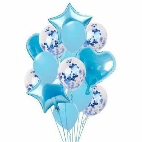 14Pcs Party Foil+Latex+Confetti Balloon Set Blue Color