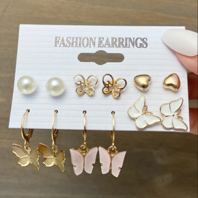 Trendy 6 Pairs = 12 Pcs Pearl Stud Butterfly Earrings Set for Girls Simple Fashion/ Earring for Women Simple Alloy Jewelry - Earrings Set for Girls Simple Fashion