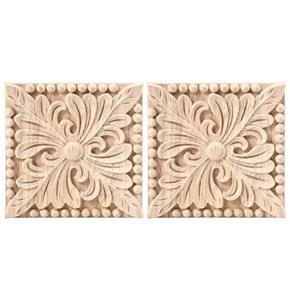 2 Pack Wood Carved Applique Onlay Square Carving Decal Unpainted Flower Door Cabinet Furniture Decoration 3.94X3.94Inch