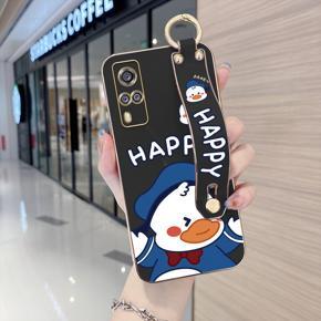 Hontinga for Vivo Y53S 4G / Y51 / Y51S / Y31 / Y51A 2021 Back Cover With Wristband Luxury 6D Plating Cute Duck Case Soft Silicone Square Phone Cases