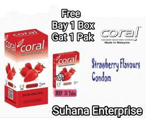 Coral -Strawberry Flavors Lubricated Natural Latex Condom -Bay 10 Pak Gat 1 Pak Free