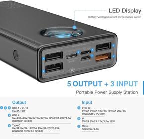 Baseus Portable Laptop Charger, Baseus 30000mAh Power Bank 65W Fast Charging USB C Battery  PD 3.0 7-Port Battery Bank for All laptops & Phone Amblight 30000mAh 33W power bank PD3.0 QC3.0 4x USB / 1x 