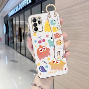 Hontinga for OPPO Reno6 Z 5G Back Cover With Wristband Luxury 6D Plating Cute Little Monsters Case Soft Silicone Square Phone Cases