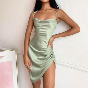 Satin Bodycon Backless Dress Women Solid Spaghetti Strap Dress Women Casual Hollow Out Skinny Evening Dress Green M