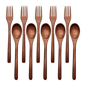 10 Pcs Wooden Spoons Forks Set Wooden Utensil Set Reusable Natural Wood Flatware Set for Cooking Stirring Eating