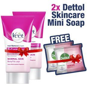 Veet Hair Removal Cream For Normal Skin Double Pack (25gm x 2), Free 2 Dettol Soap Skincare (30gm x 2)