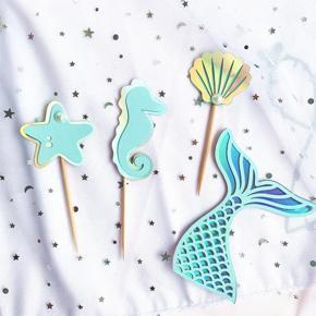GC 4pcs Mermaid Theme Birthday Party Cake Topper Flags Under the Sea Decorations Favors Supplies color