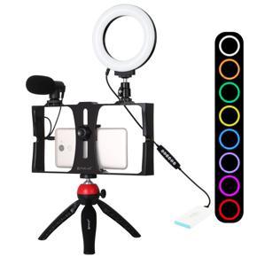 PULUZ 4 in 1 Vlogging Live Broadcast Video Rig + 4.7 inch 12cm RGBW Ring LED Selfie Light + Microphone + Pocket Tripod Mount Kits with Cold Shoe Tripod Head(Blue)