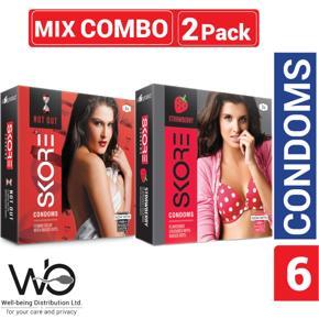 Skore Mix - 1 Pack Strawberry & 1 Pack Not-Out Climax Delay With Raised Dots Condom - 3x2=6pcs