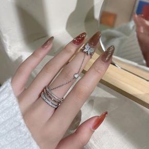 Fashionable Ring Attractive and Fashionable Design Shiny Butterfly Long Chain Rings for Women Multilayer Rhinestone Open Ring Sweet Elegant Finger Ring Korean Style Trendy Jewelry for Girls