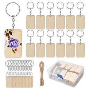 BRADOO-80Pcs Blank Rectangle-Shaped Wooden Keychain Set, 80Pcs Key Rings and Hemp Rope Keychain DIY Keychain Supplies for Craft