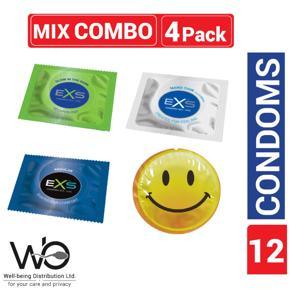 EXS Mix - 1 Pack Nano Thin, 1 Pack Regular, 1 Pack Smiley & 1 Pack Glow In The Dark Condom - 4 Packs - 3x4=12pcs