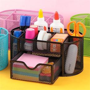Desk Supplies Organizer Pen Holder Office Equipment Storage Box Mesh 9 Compartments with Drawer for Note Pads