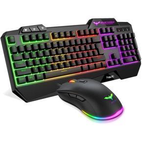 havit Wired Gaming Keyboard Mouse Combo LED Rainbow Backlit Gaming Keyboard RGB Gaming Mouse Ergonomic Wrist Rest 104 Keys Keyboard Mouse 4800 DPI for Windows & Mac PC Gamers (Black)