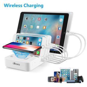 ALLCACA Smart Charging Station Dock & Organizer 5-Port USB Charging Station Dock Desktop with 1 Wireless Charging Pad 40W for Smartphones, Tablets & Other Gadgets - White